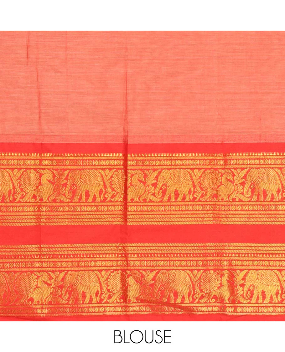 Light Rust Orange Plain Mercerised Cotton Saree Highlighted with a Contrasting Rettai Pettu Border Featuring Peacock and Elephant Motifs in Zari, a Subtly Striped Pallu, and a Matching Blouse - Image 3