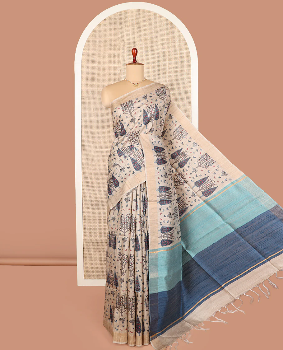 Light sandal bird and floral motifs printed tussar silk saree, bavanji border, and double-color plain pallu
