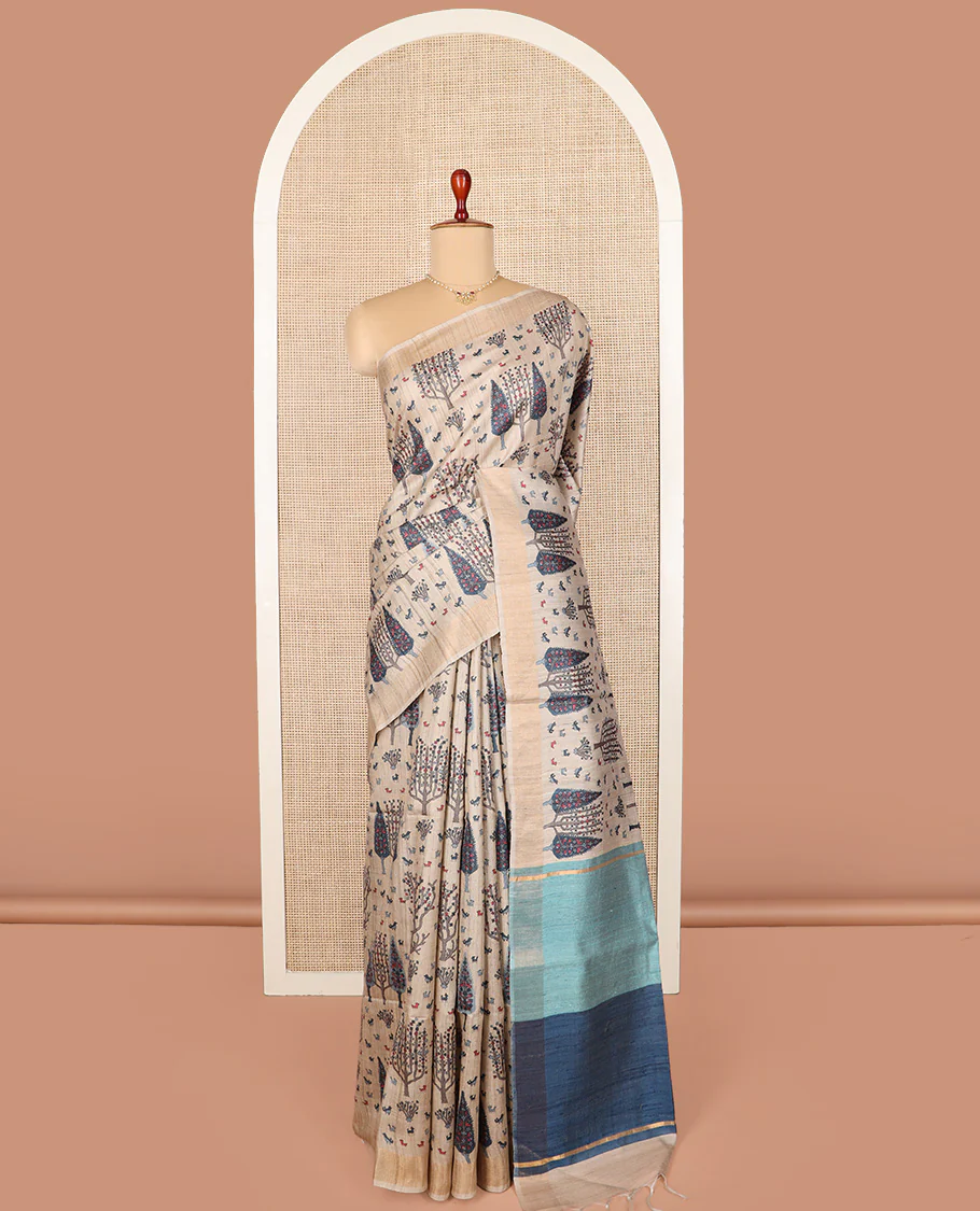 Light sandal bird and floral motifs printed tussar silk saree, bavanji border, and double-color plain pallu - Image 2