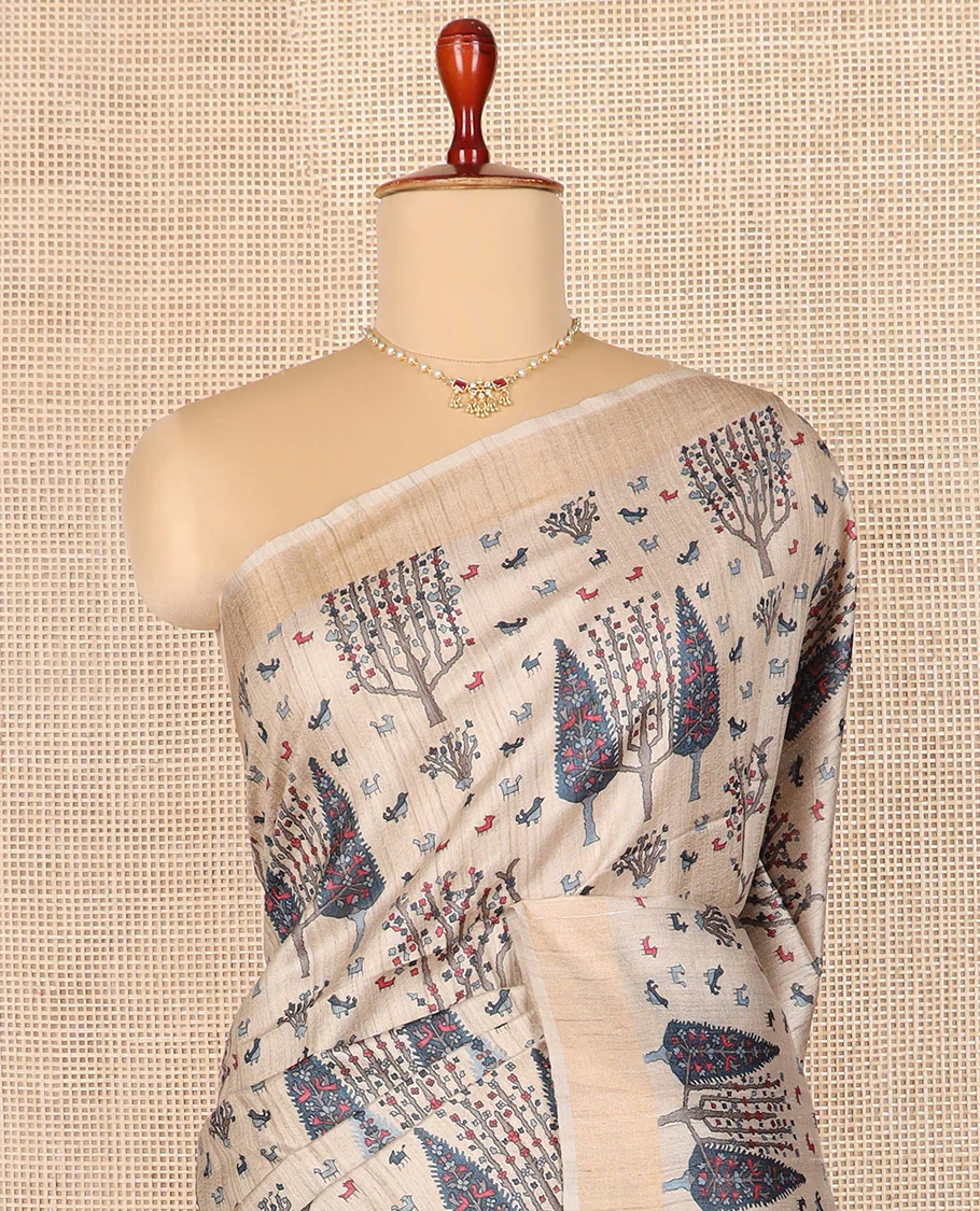 Light sandal bird and floral motifs printed tussar silk saree, bavanji border, and double-color plain pallu - Image 3