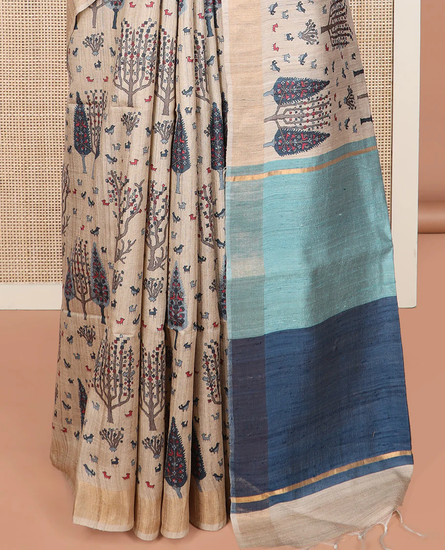 Light sandal bird and floral motifs printed tussar silk saree, bavanji border, and double-color plain pallu - Image 4