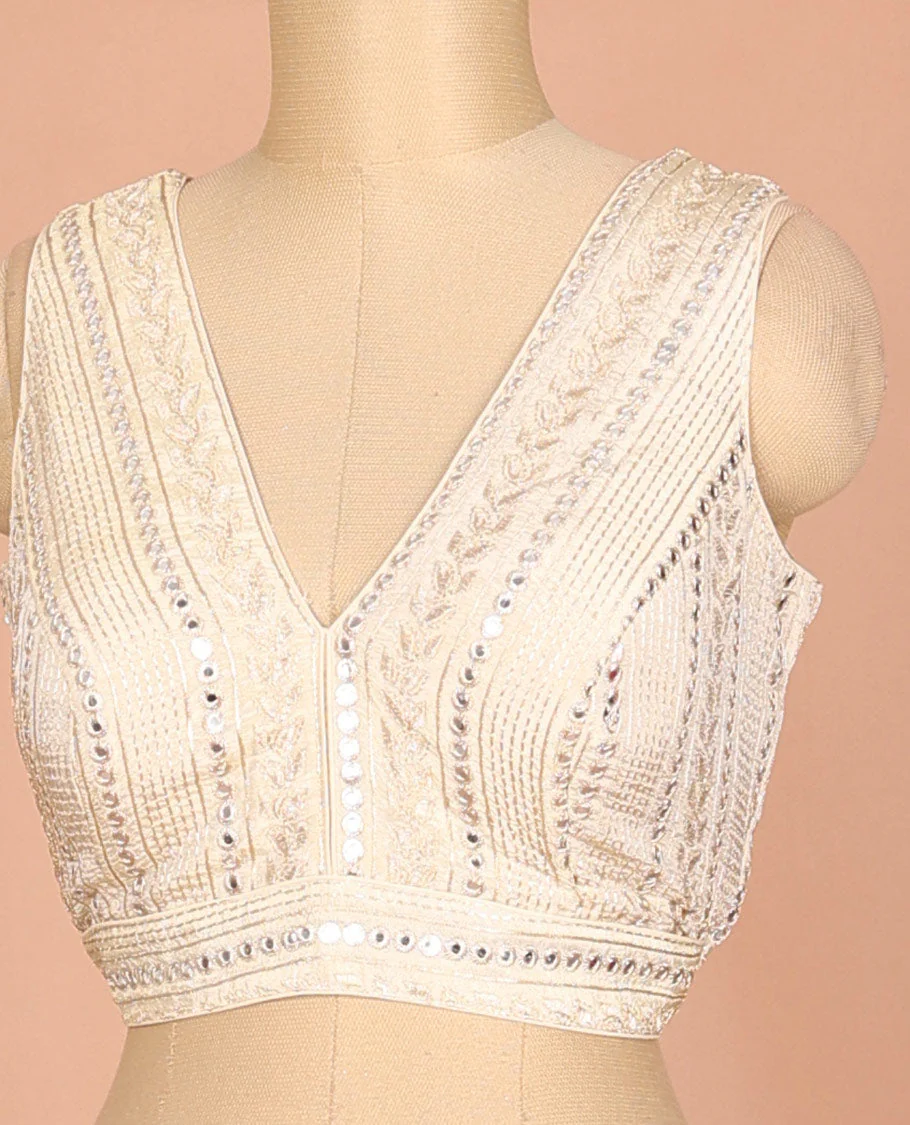 Light sandal floral & geometric motifs thread embroidered sleeveless readymade blouse with front and back deep-V neck - Image 2