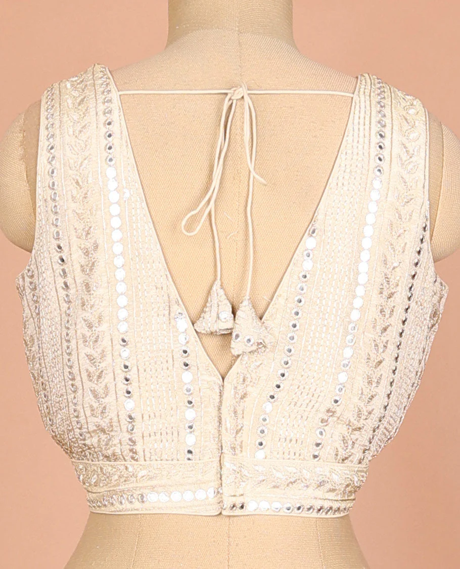 Light sandal floral & geometric motifs thread embroidered sleeveless readymade blouse with front and back deep-V neck - Image 4