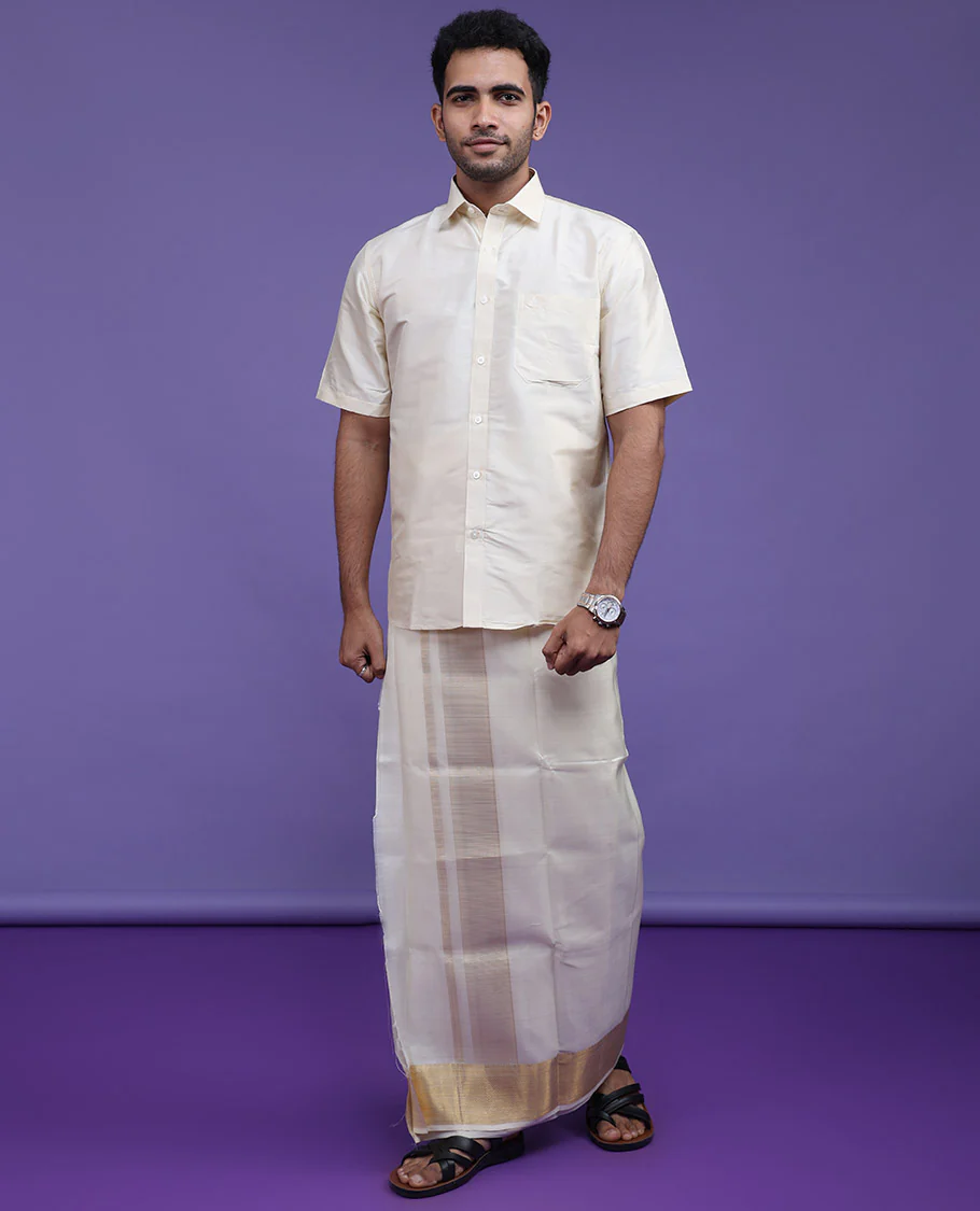 Light sandal plain design half-sleeve pure-silk shirt - Image 10