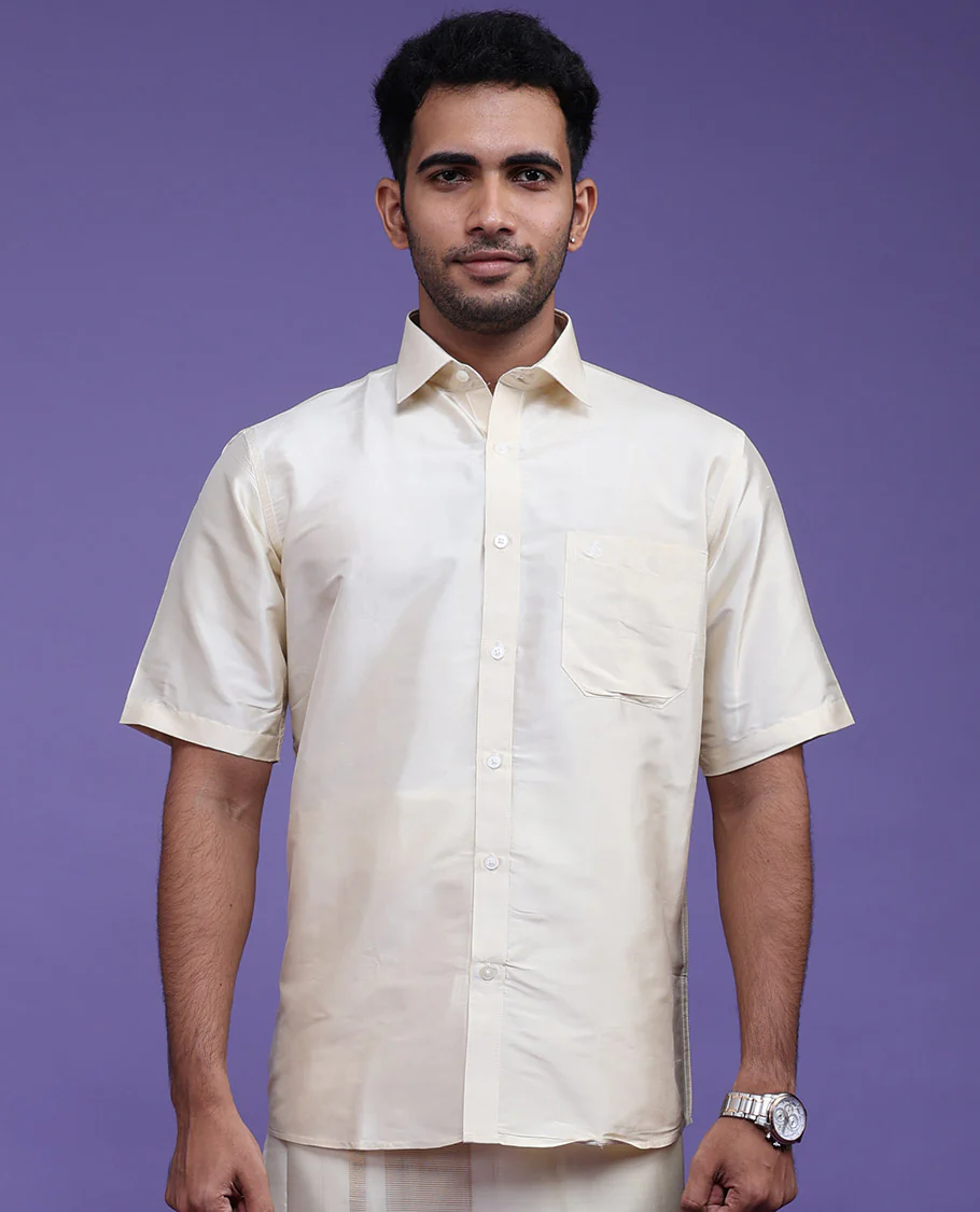 Light sandal plain design half-sleeve pure-silk shirt - Image 13