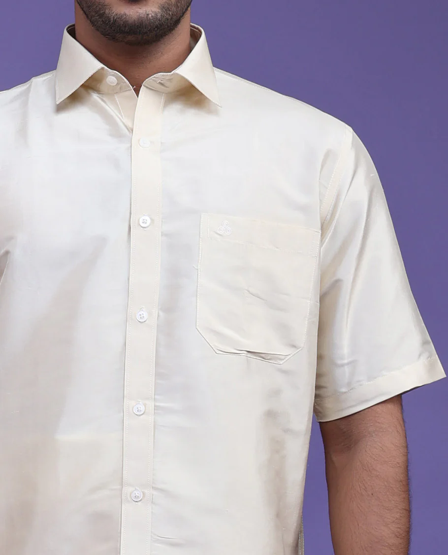 Light sandal plain design half-sleeve pure-silk shirt - Image 14