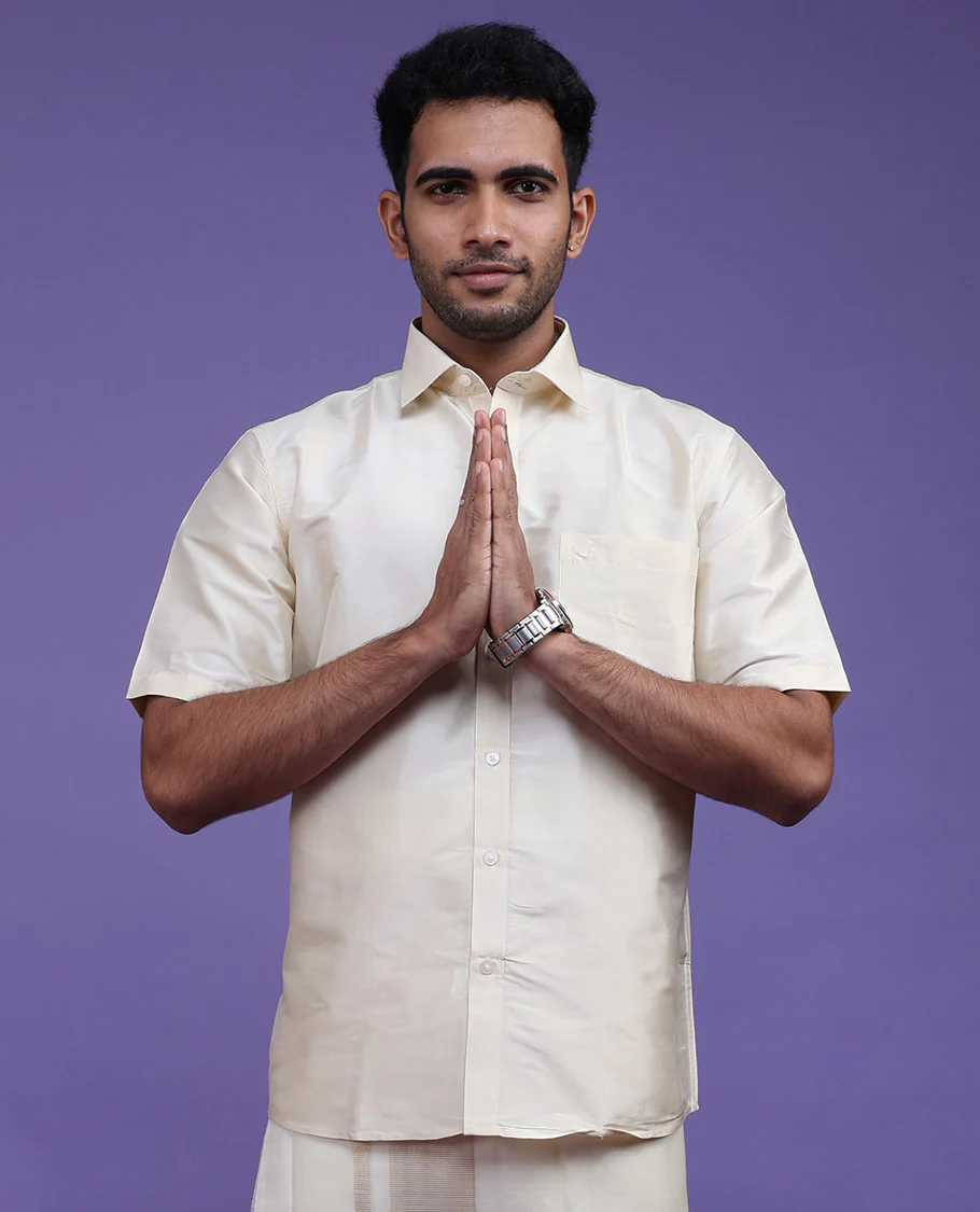 Light sandal plain design half-sleeve pure-silk shirt - Image 3