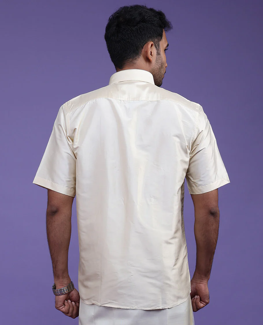 Light sandal plain design half-sleeve pure-silk shirt - Image 6