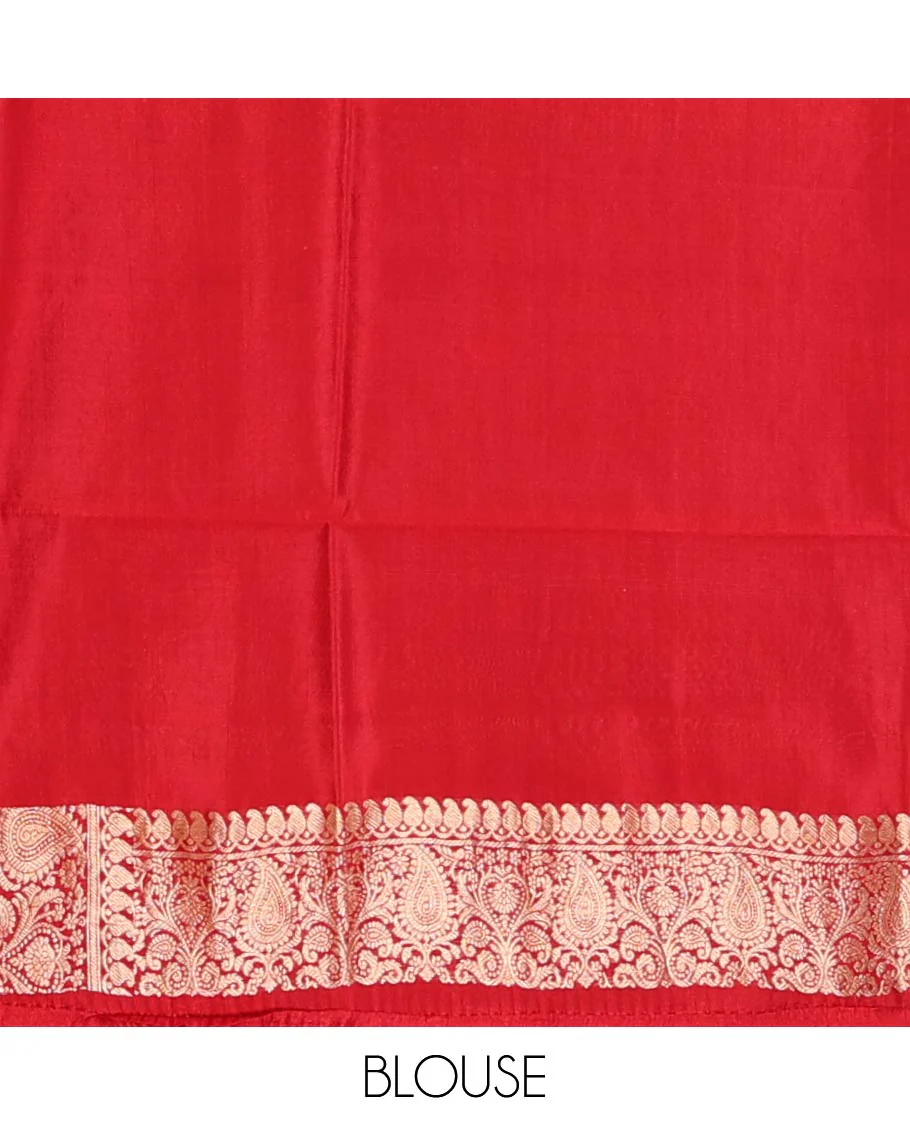 Light Sandal Raw Mango Silk Saree Beautified with Buttas, Featuring a Contrast Paisley Zari-Designed Border, a Zari-Elevated Jaal Pallu, Paired with a Contrast Blouse - Image 6