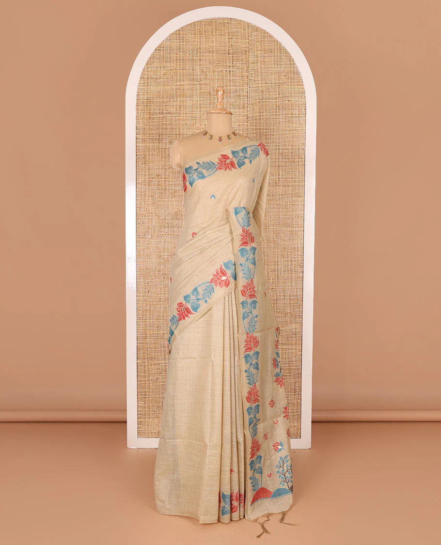 Light sandal resham thread buttas Munga cotton saree, jamdani floral creeper border, jamdani floral pallu, and contrast floral zari buttas blouse - Image 2