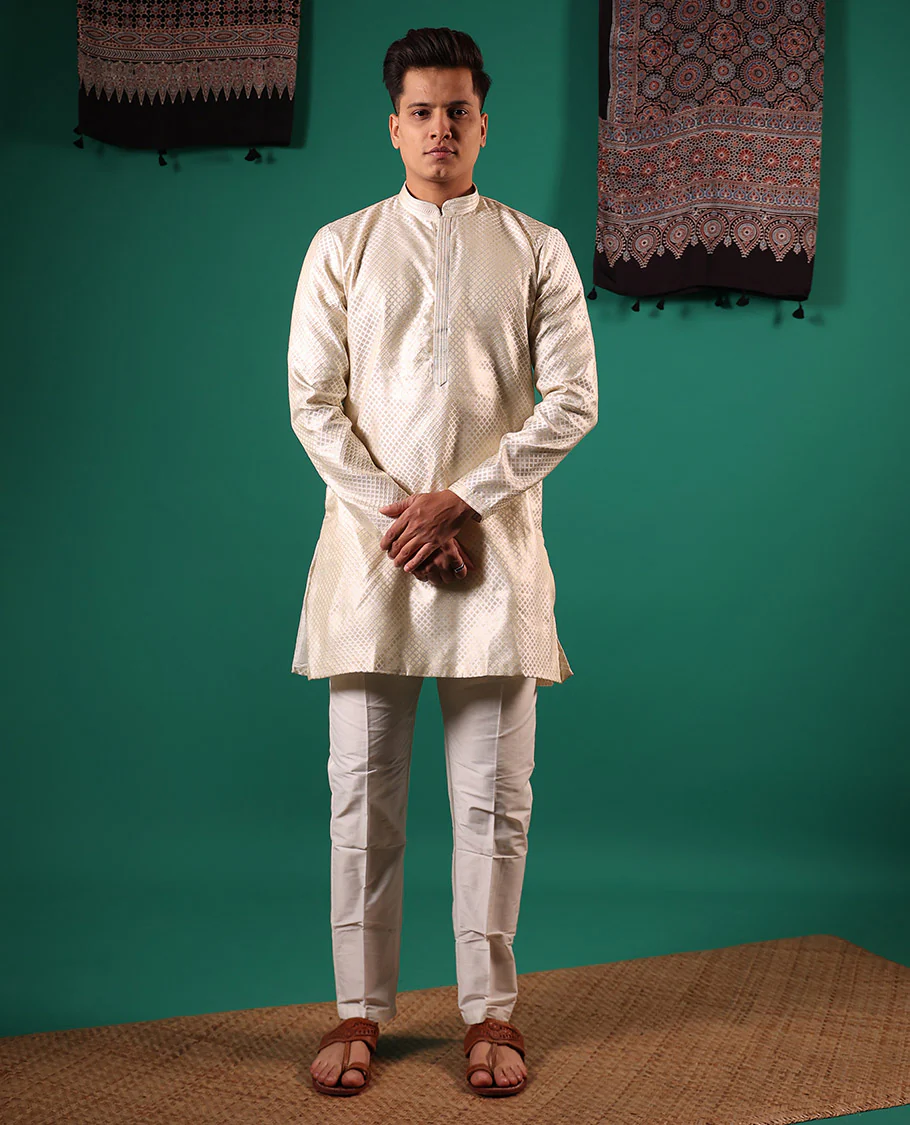 Light sandal white jaal pattern embossed full-sleeved men's kurta - Image 2