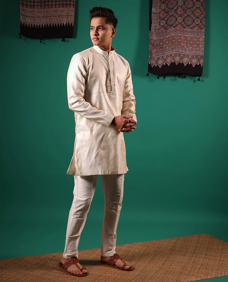 Light sandal white jaal pattern embossed full-sleeved men's kurta - Image 3