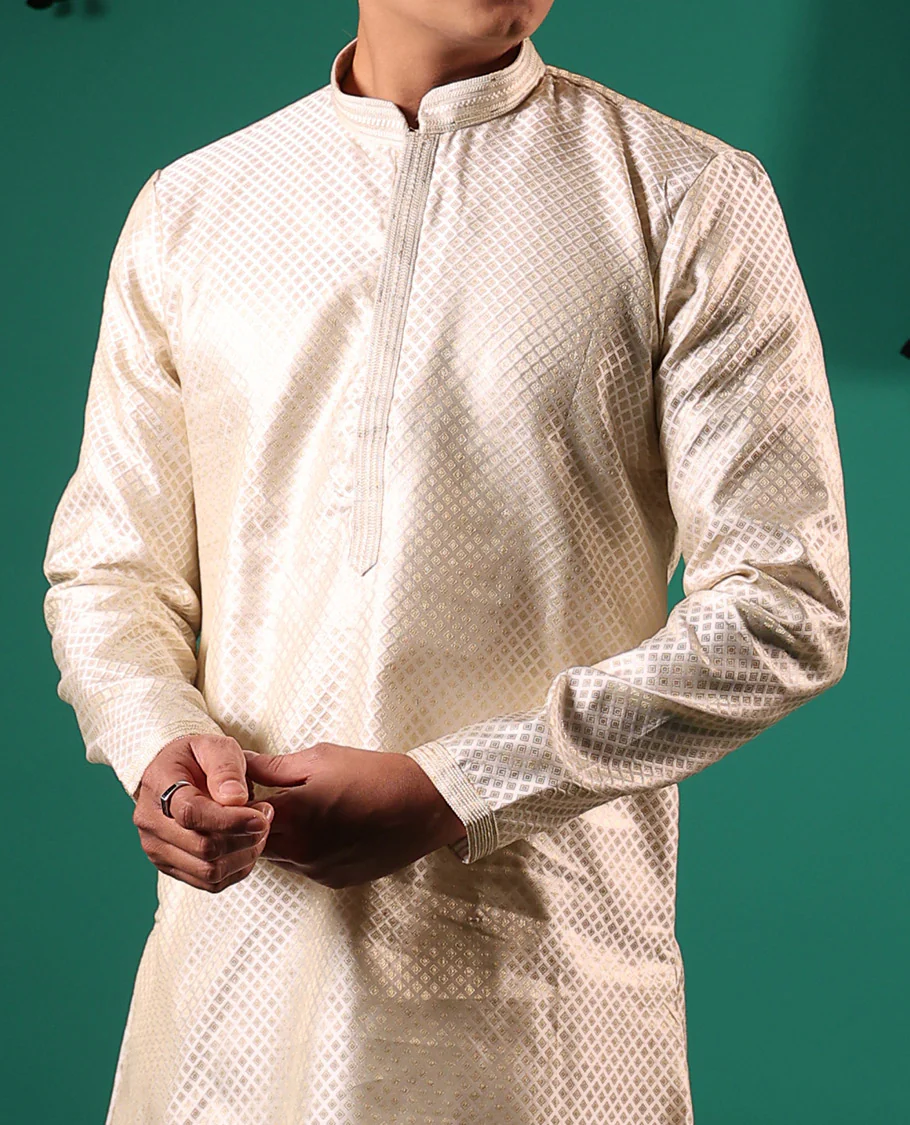 Light sandal white jaal pattern embossed full-sleeved men's kurta - Image 4