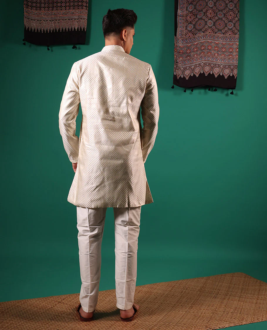 Light sandal white jaal pattern embossed full-sleeved men's kurta - Image 5