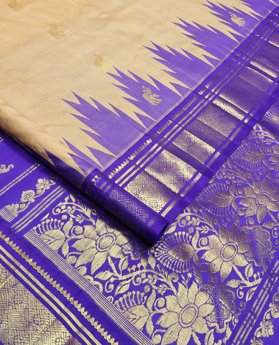 Light sandal yaanai buttas Kanchipuram silk saree, contrast one-sided thazampoo rekku border of thilakam mokku, banaras, and jaal designs, and floral jaal pallu - Image 2