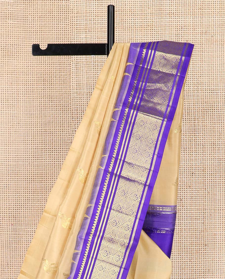 Light sandal yaanai buttas Kanchipuram silk saree, contrast one-sided thazampoo rekku border of thilakam mokku, banaras, and jaal designs, and floral jaal pallu - Image 3
