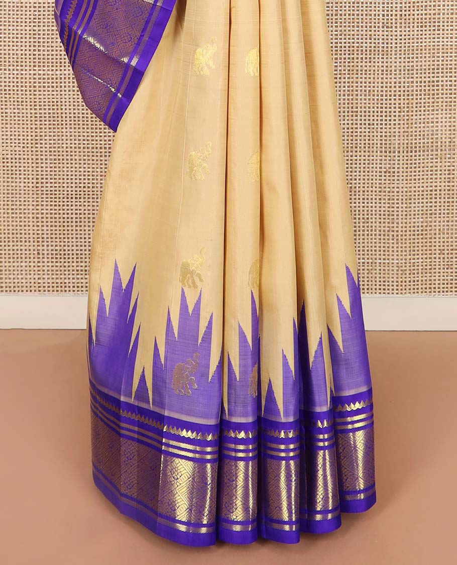 Light sandal yaanai buttas Kanchipuram silk saree, contrast one-sided thazampoo rekku border of thilakam mokku, banaras, and jaal designs, and floral jaal pallu - Image 4