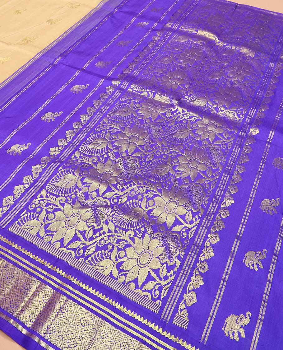 Light sandal yaanai buttas Kanchipuram silk saree, contrast one-sided thazampoo rekku border of thilakam mokku, banaras, and jaal designs, and floral jaal pallu - Image 5