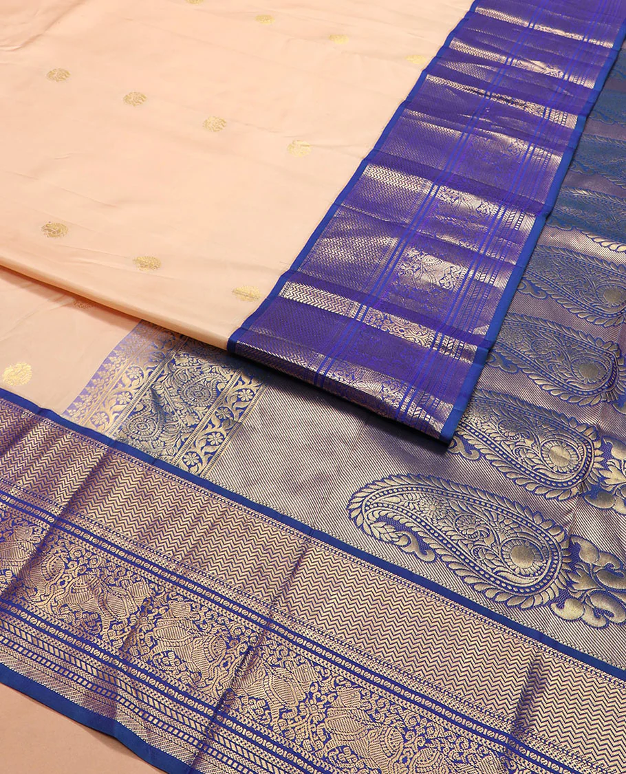 Light sandal zari buttas Vasundhara silk saree, contrast border of vanki, banaras, muthu, kathir, and Pichwai cow motifs zari weave, and pallu of manga designs - Image 2