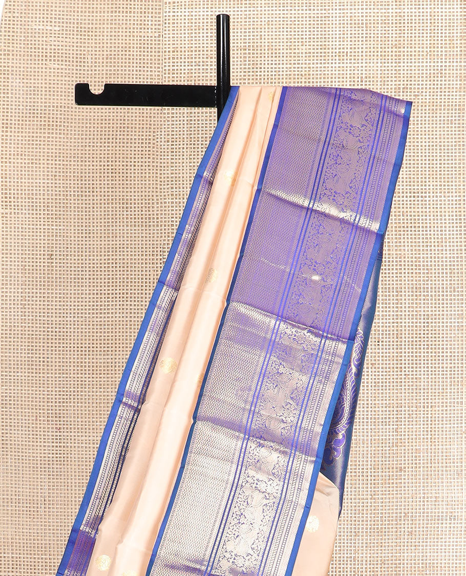 Light sandal zari buttas Vasundhara silk saree, contrast border of vanki, banaras, muthu, kathir, and Pichwai cow motifs zari weave, and pallu of manga designs - Image 3