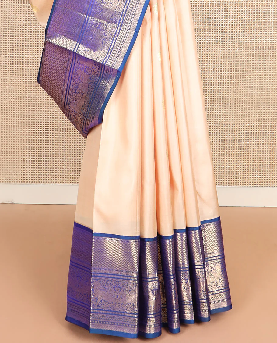 Light sandal zari buttas Vasundhara silk saree, contrast border of vanki, banaras, muthu, kathir, and Pichwai cow motifs zari weave, and pallu of manga designs - Image 4