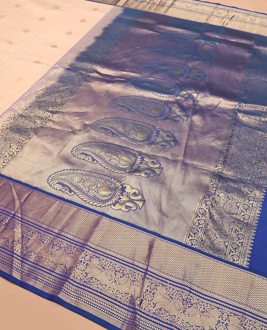 Light sandal zari buttas Vasundhara silk saree, contrast border of vanki, banaras, muthu, kathir, and Pichwai cow motifs zari weave, and pallu of manga designs - Image 5
