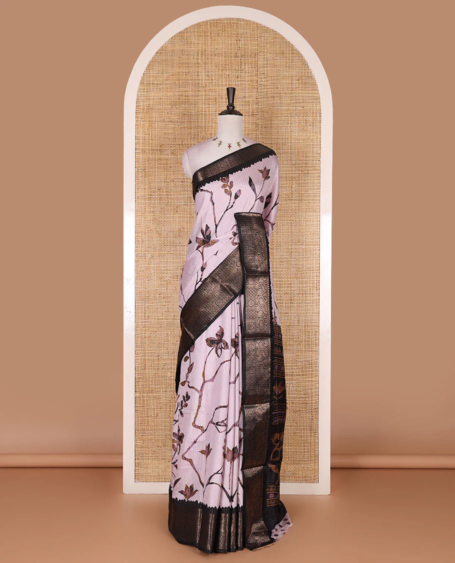 Lilac golden zari stripes, and floral vine printed dola silk saree, contrast traditional temple zari border, and floral printed pallu - Image 2