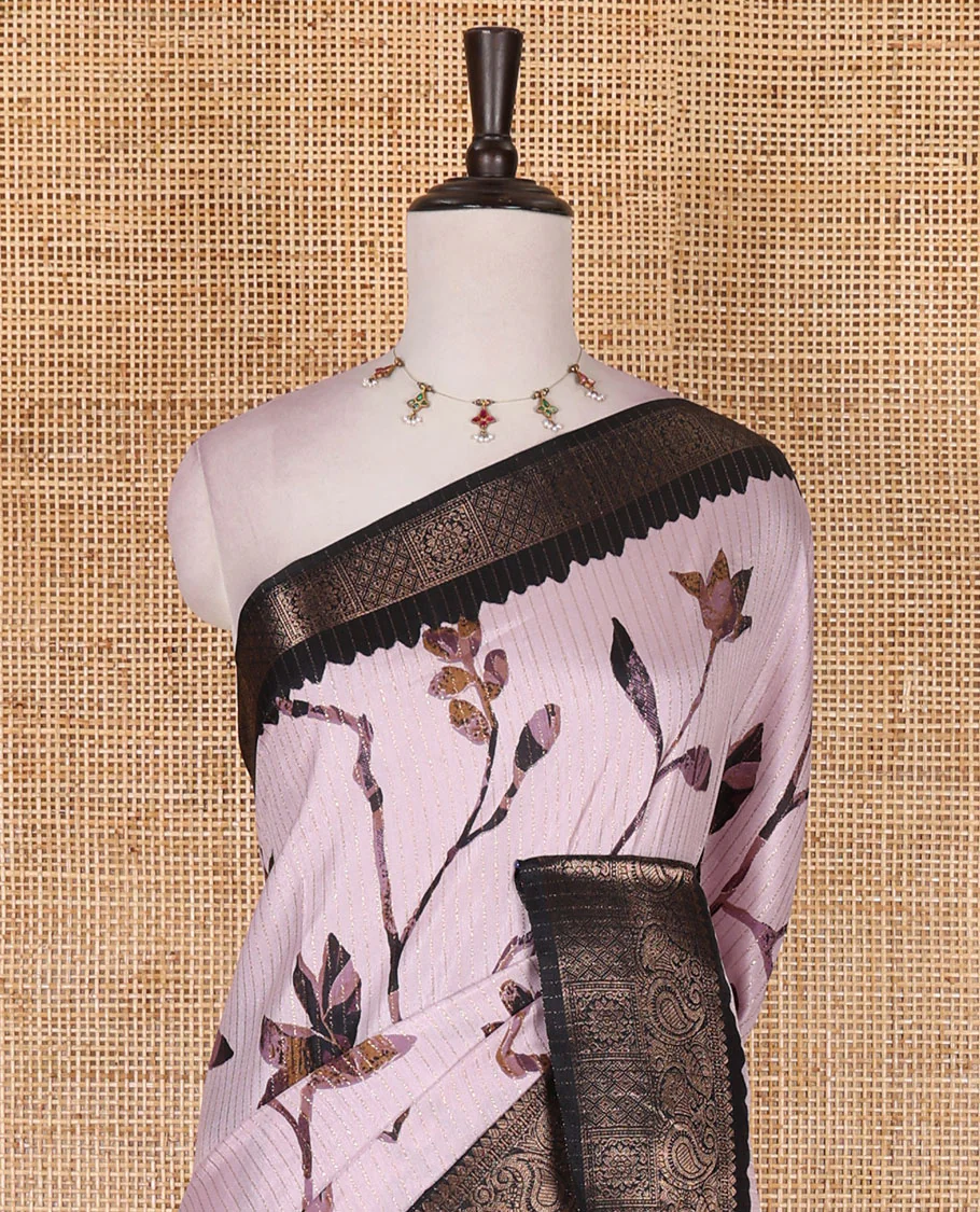 Lilac golden zari stripes, and floral vine printed dola silk saree, contrast traditional temple zari border, and floral printed pallu - Image 3