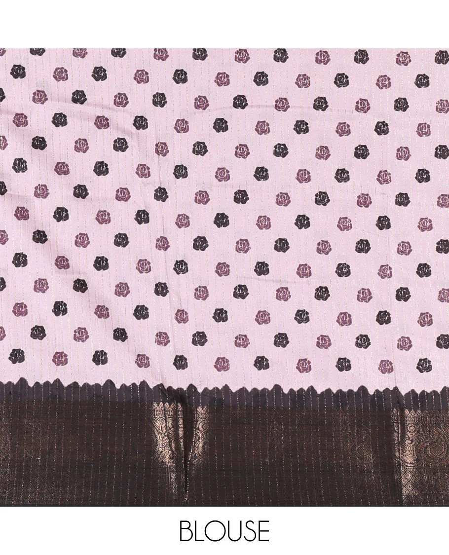 Lilac golden zari stripes, and floral vine printed dola silk saree, contrast traditional temple zari border, and floral printed pallu - Image 4