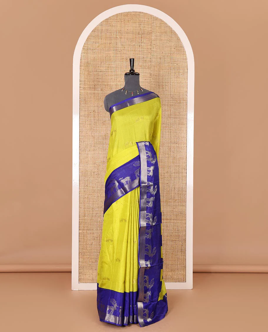 Lime yellow deer copper zari buttas dola silk saree, contrast chevron and deer motifs zari border, deer motifs pallu, and contrast deer motifs blouse - Image 2