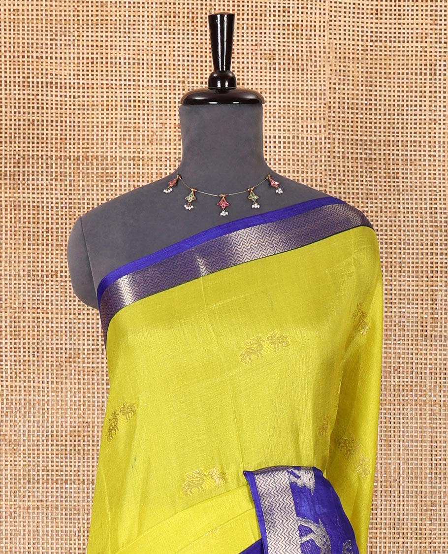 Lime yellow deer copper zari buttas dola silk saree, contrast chevron and deer motifs zari border, deer motifs pallu, and contrast deer motifs blouse - Image 3