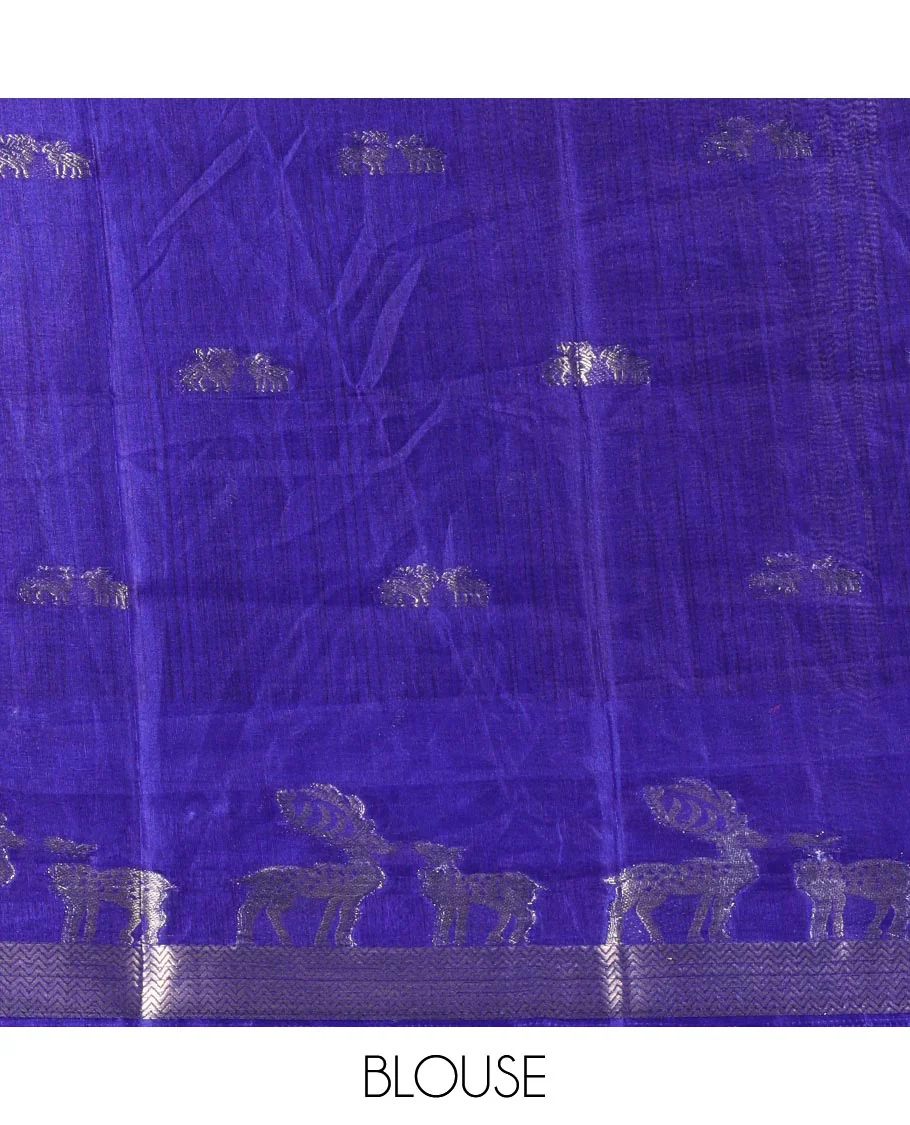 Lime yellow deer copper zari buttas dola silk saree, contrast chevron and deer motifs zari border, deer motifs pallu, and contrast deer motifs blouse - Image 4