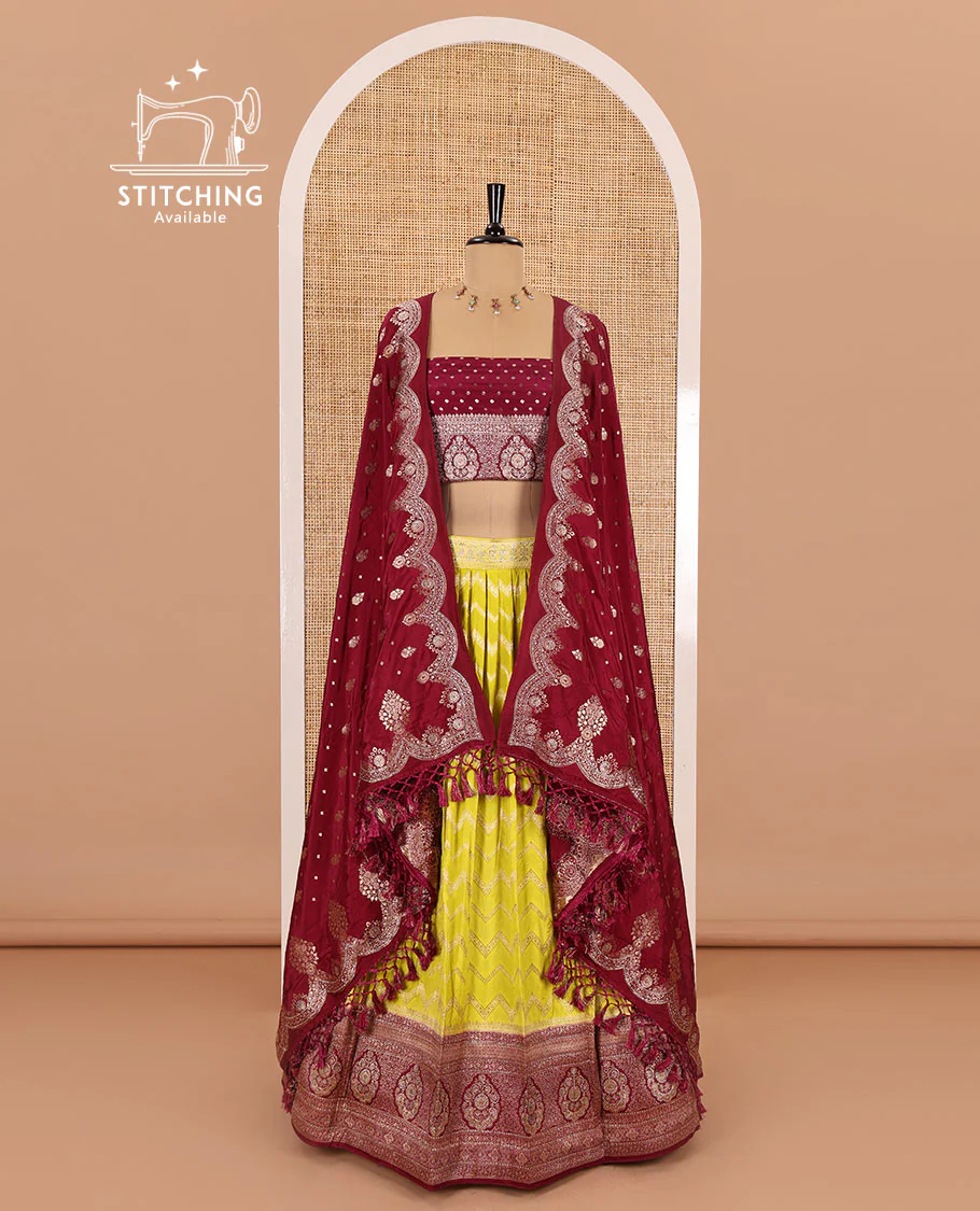 Liril green chiniya crepe half-saree, chevron zari jacquard with contrast intricate patterned stone work bordered skirt, contrast blouse, and a scallop bordered intricate dhavani - Image 2