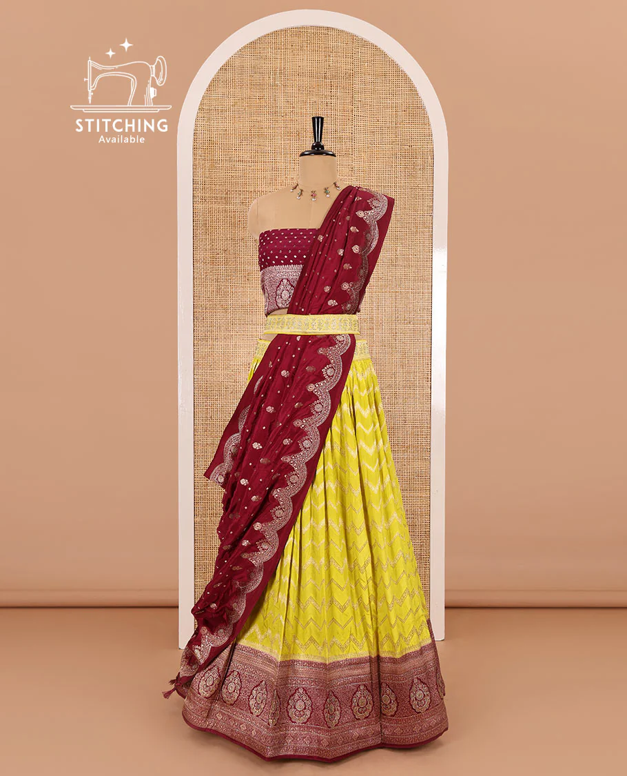 Liril green chiniya crepe half-saree, chevron zari jacquard with contrast intricate patterned stone work bordered skirt, contrast blouse, and a scallop bordered intricate dhavani - Image 3