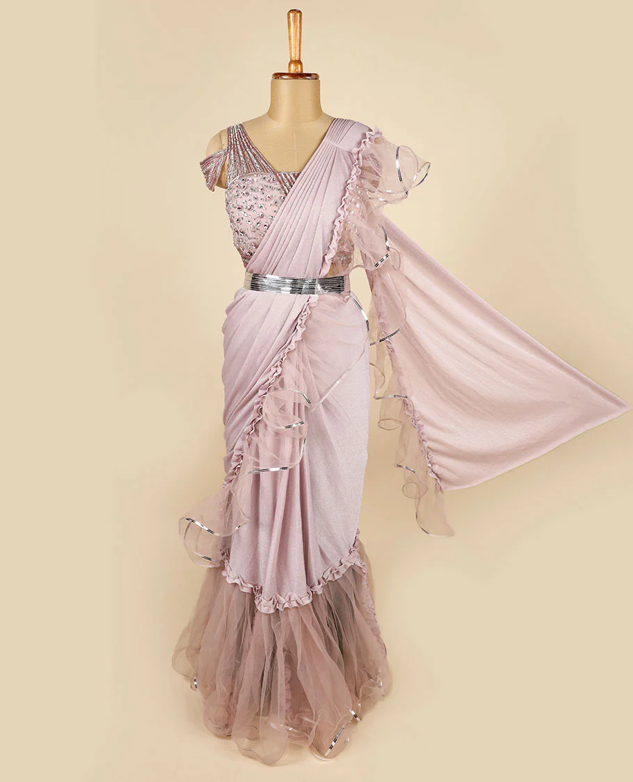 Lite Rosewood Pink Lycra with Net Readymade Designer Ruffle Saree,Kardhana embroidery thick strappy off-shoulder blouse