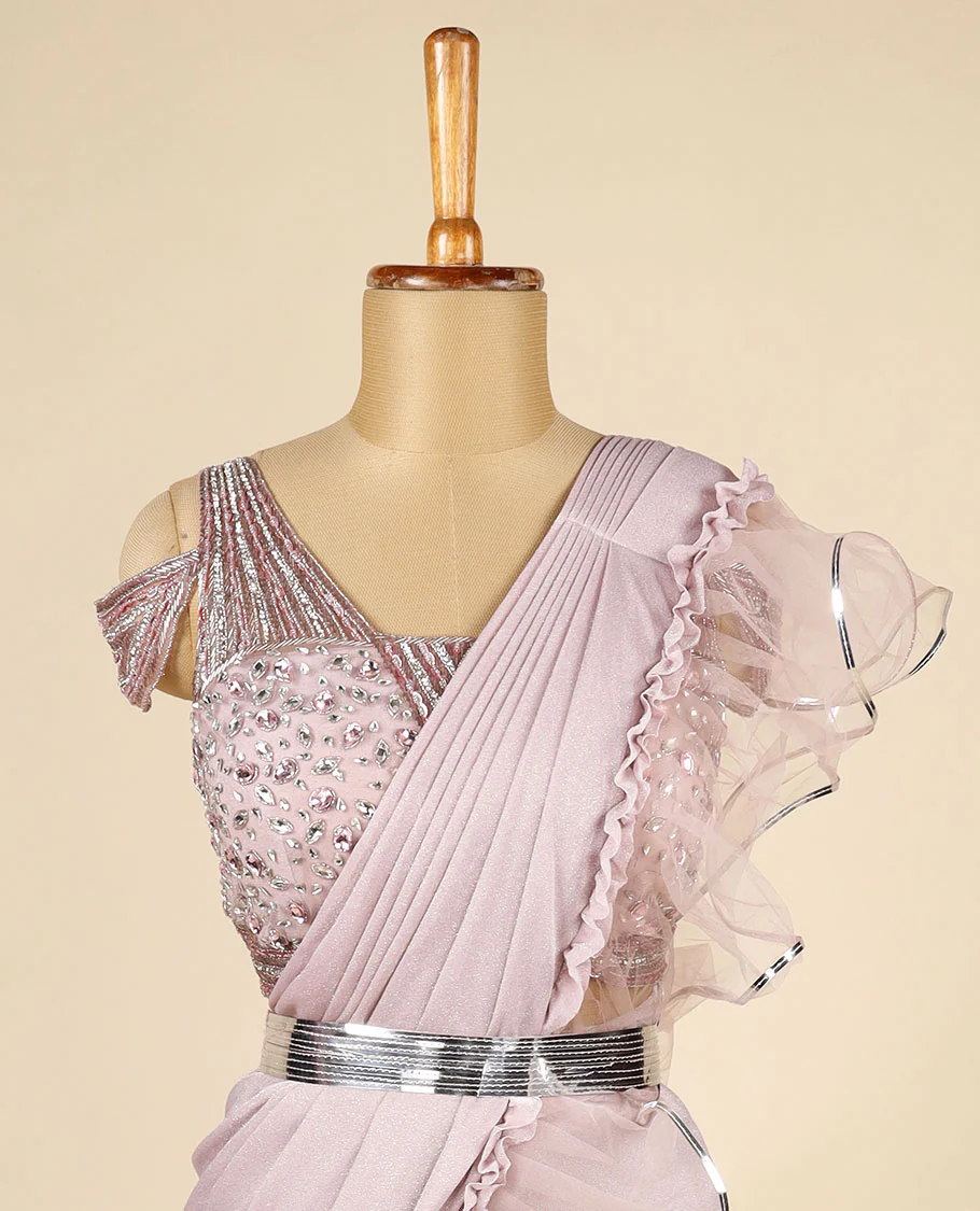 Lite Rosewood Pink Lycra with Net Readymade Designer Ruffle Saree,Kardhana embroidery thick strappy off-shoulder blouse - Image 3