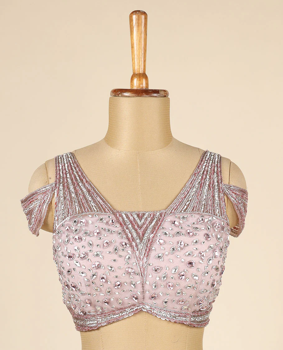 Lite Rosewood Pink Lycra with Net Readymade Designer Ruffle Saree,Kardhana embroidery thick strappy off-shoulder blouse - Image 4