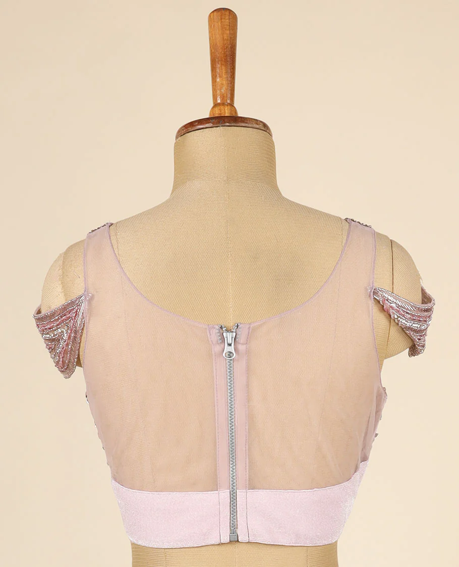 Lite Rosewood Pink Lycra with Net Readymade Designer Ruffle Saree,Kardhana embroidery thick strappy off-shoulder blouse - Image 5