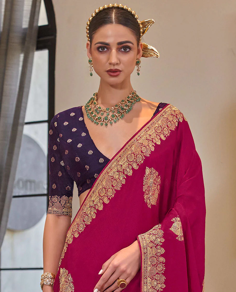 Magenta buttas designer saree, intricate border, and pallu of paisley designs - Image 2