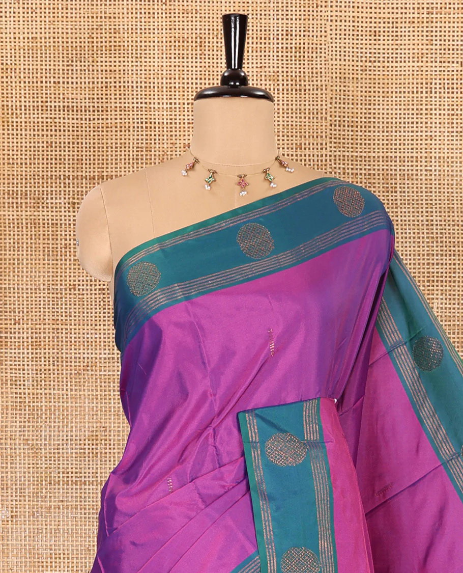 Magenta buttas semi-soft silk saree, contrast zari striped and round buttas border, striped pallu, and a matching blouse - Image 2
