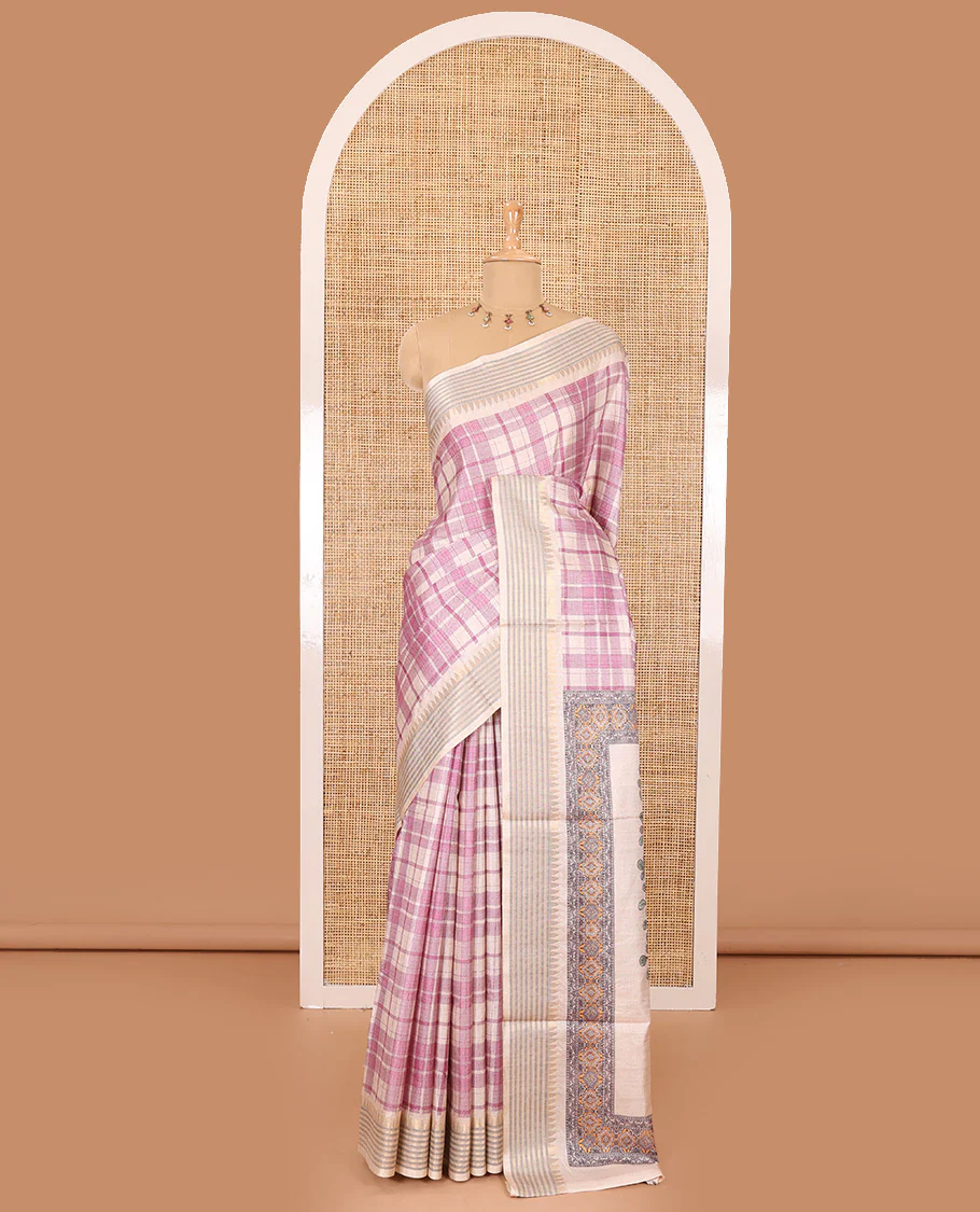 Magenta checked patterned semi-tussar saree with contrast temple striped border, Madhubani printed pallu, and a contrast printed blouse - Image 2