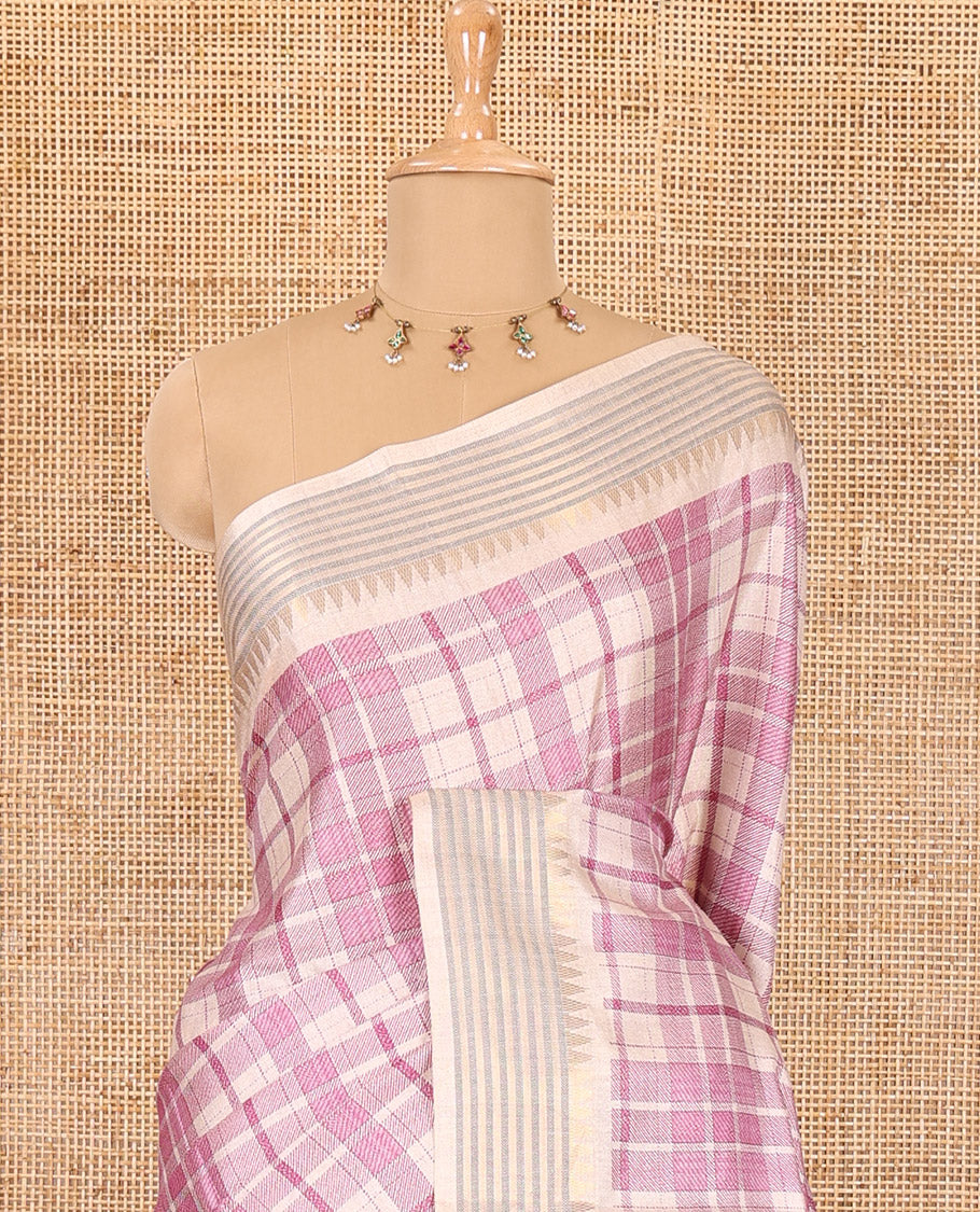 Magenta checked patterned semi-tussar saree with contrast temple striped border, Madhubani printed pallu, and a contrast printed blouse - Image 3