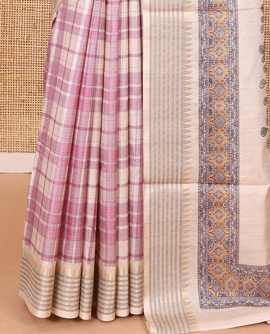 Magenta checked patterned semi-tussar saree with contrast temple striped border, Madhubani printed pallu, and a contrast printed blouse - Image 4