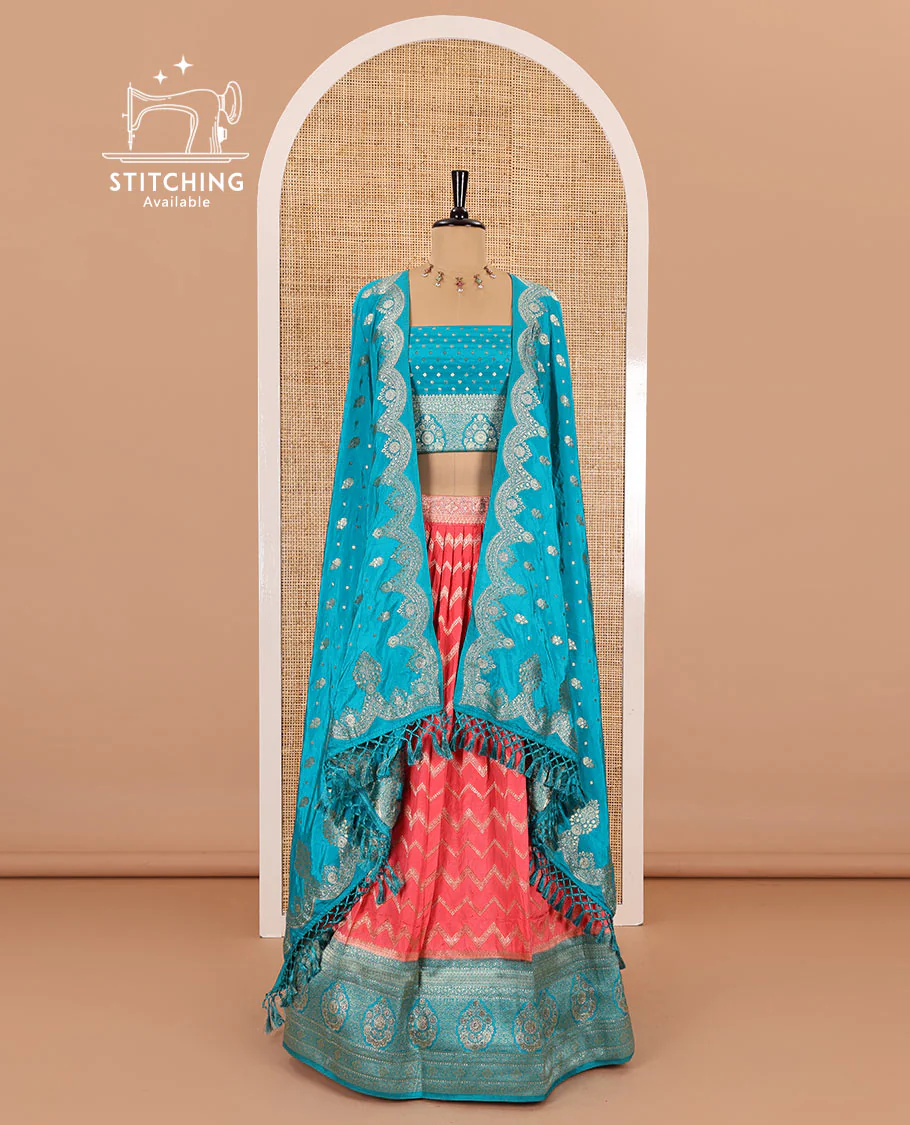 Magenta chiniya crepe half-saree,  chevron zari jacquard with contrast intricate patterned stone work bordered skirt, contrast blouse, and a scallop bordered intricate dhavani - Image 2