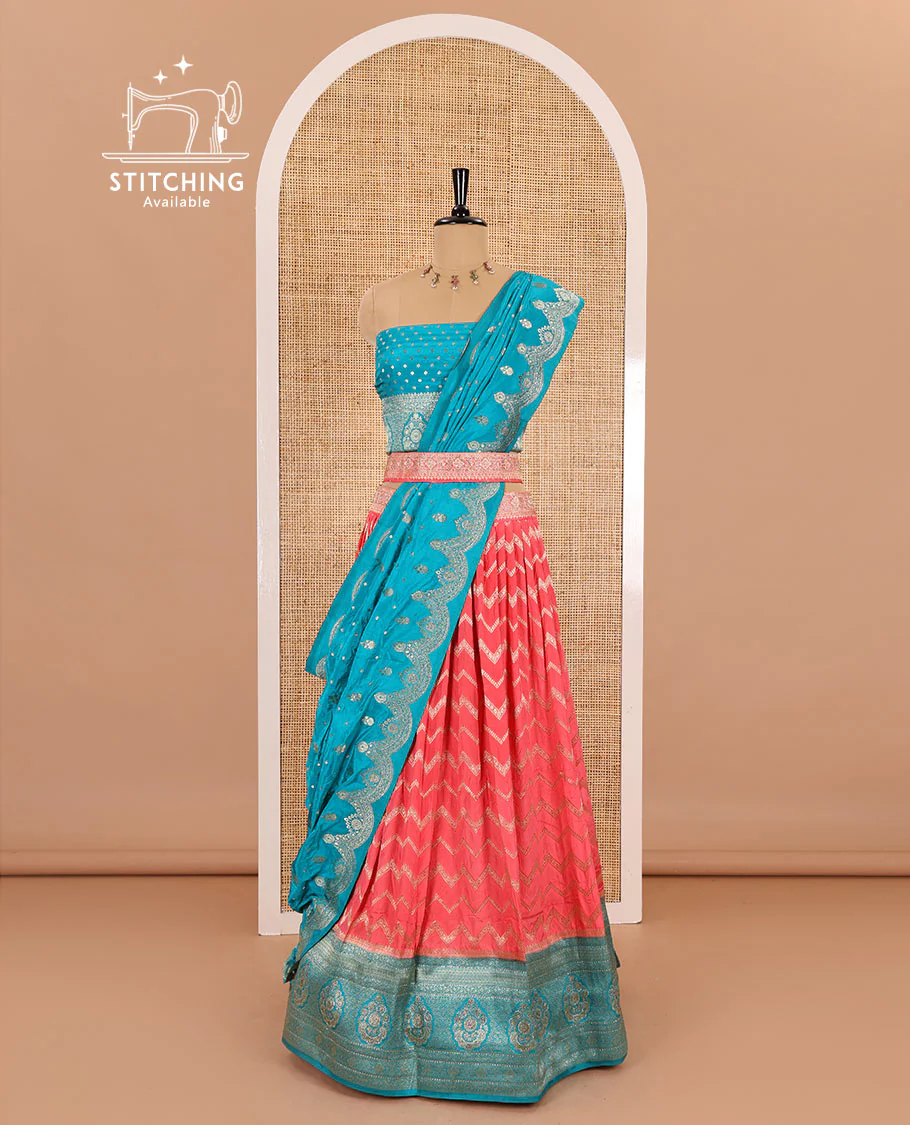 Magenta chiniya crepe half-saree,  chevron zari jacquard with contrast intricate patterned stone work bordered skirt, contrast blouse, and a scallop bordered intricate dhavani - Image 3