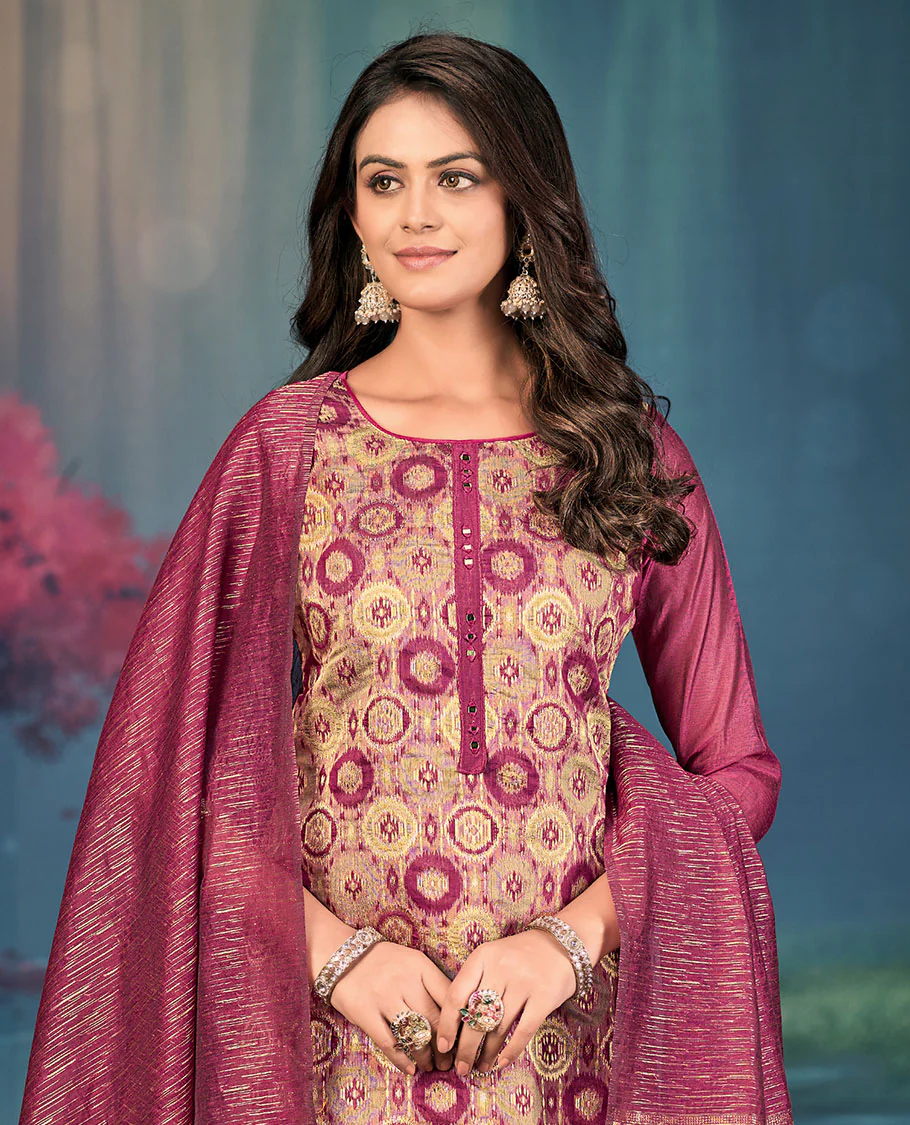 Magenta churidar material set, round motifs, and mirror embroidered top, plain bottom, and geometric patterned dupatta - Image 2