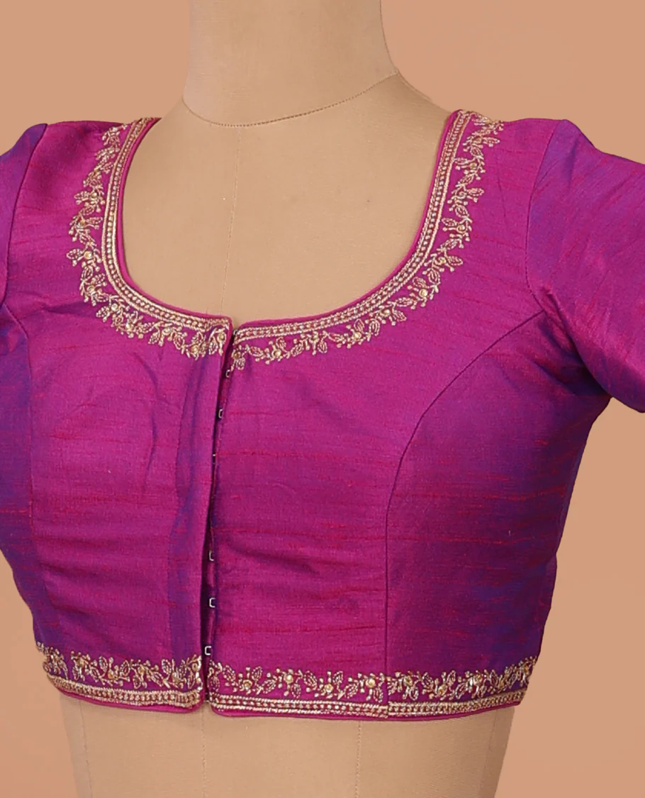 Magenta embroidered front-back round neck elbow sleeve blouse - Image 2
