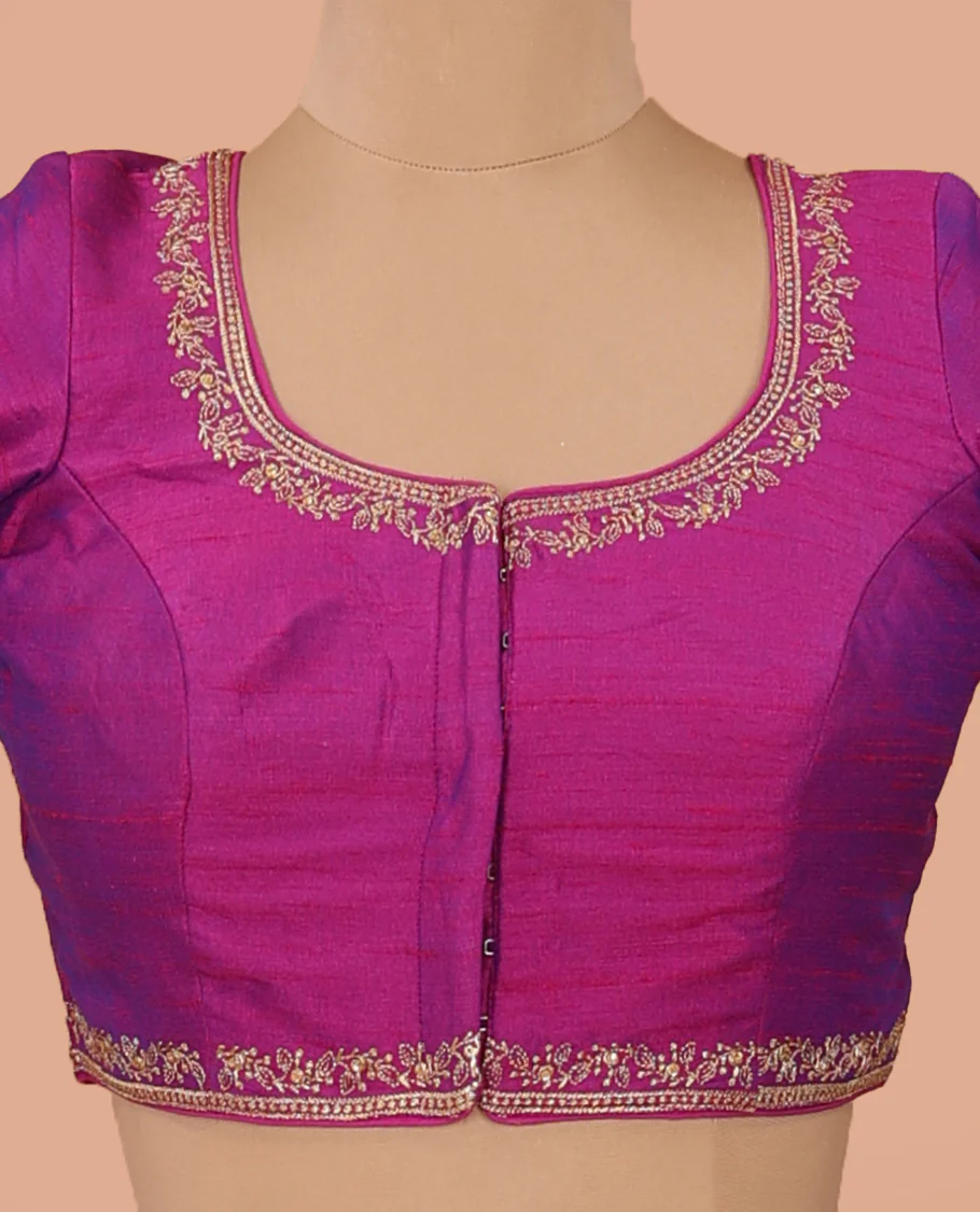 Magenta embroidered front-back round neck elbow sleeve blouse - Image 3