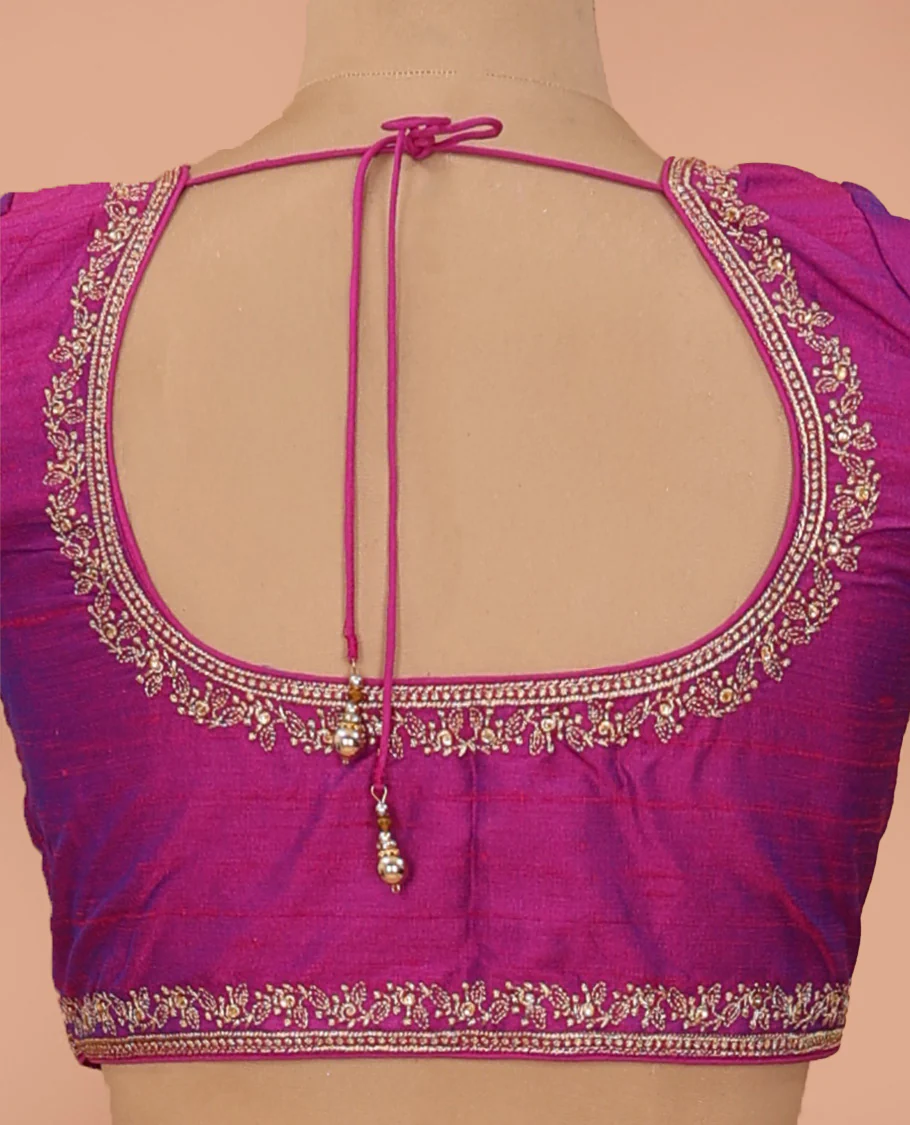 Magenta embroidered front-back round neck elbow sleeve blouse - Image 4