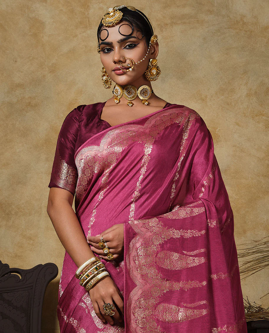 Magenta floral vertical striped designer saree, scallop floral and big paisley design border, and zari woven pallu - Image 2